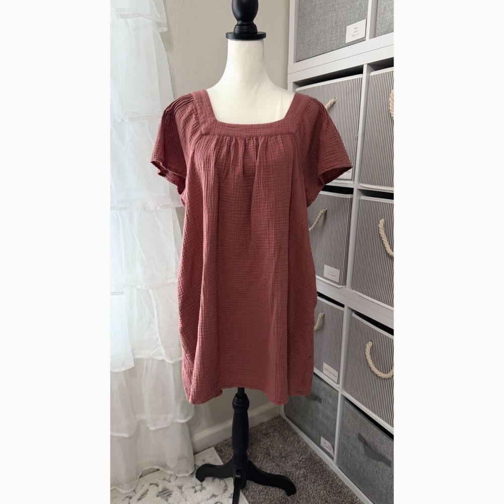 Madewell Dusty Rose Cotton Gauze Square Neck Mini Dress Size M
